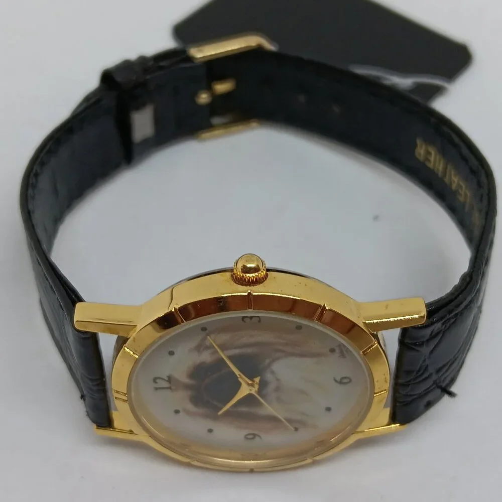 Pekingese 33mm Women's Gold Tone Black Leather Band Dog Watch